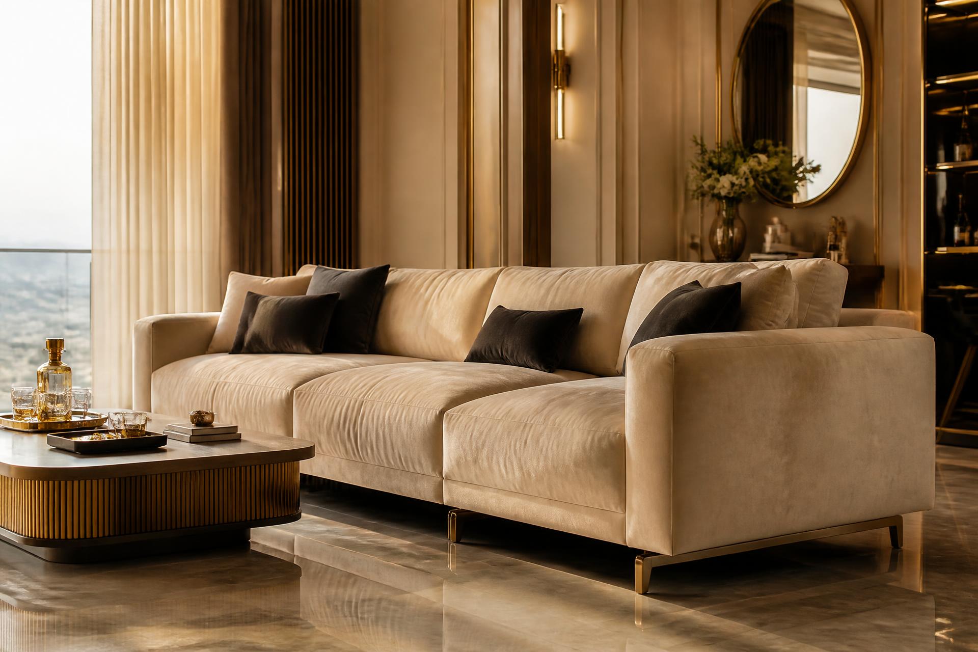 Luxury cream velvet sofa in an elegant Delhi living room